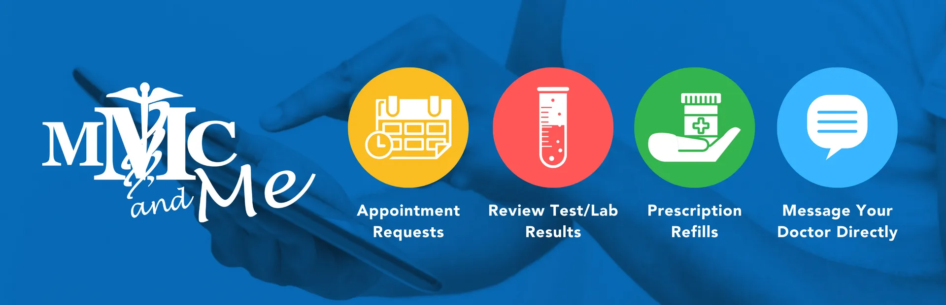 a blue background with a hand holding a cell phone and icons for mmc and me