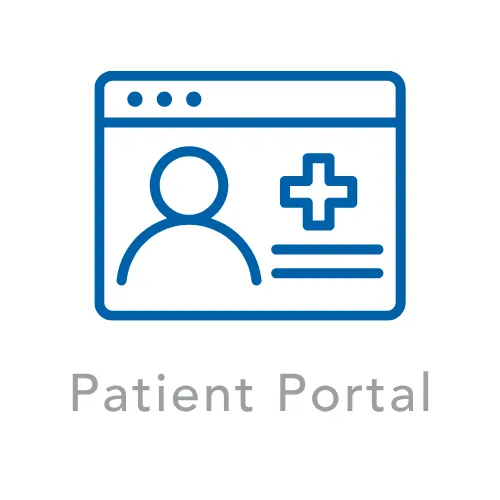 A patient portal logo with a mouse icon on a white background.